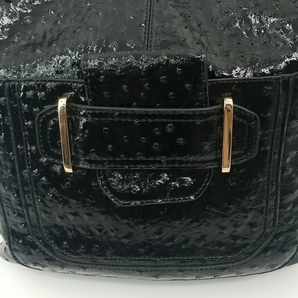 Black Patent Leather Hobo Shoulder Bag with Gold Accents by‎ Sandra Roberts